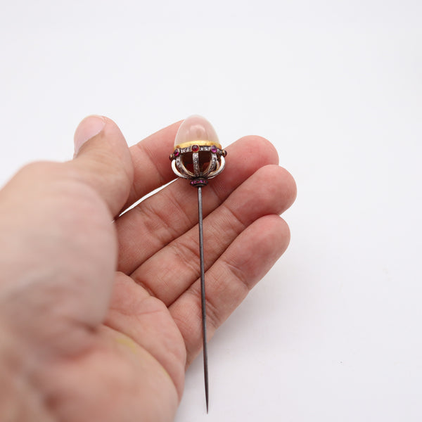 EDWARDIAN 1900 Stick Pin In 18Kt Gold Platinum Diamonds Rubies & Moonstone
