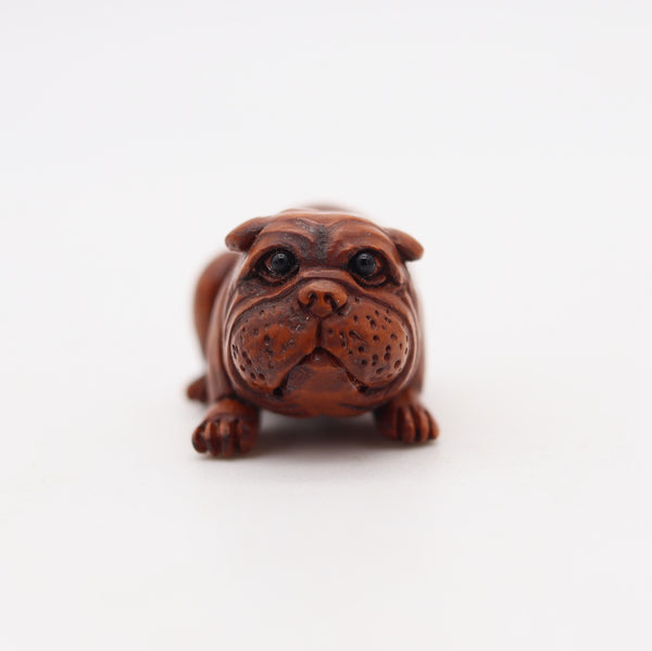 JAPAN 1920 Taisho Period Bulldog Ojime Carved In Precious Wood And Onyx
