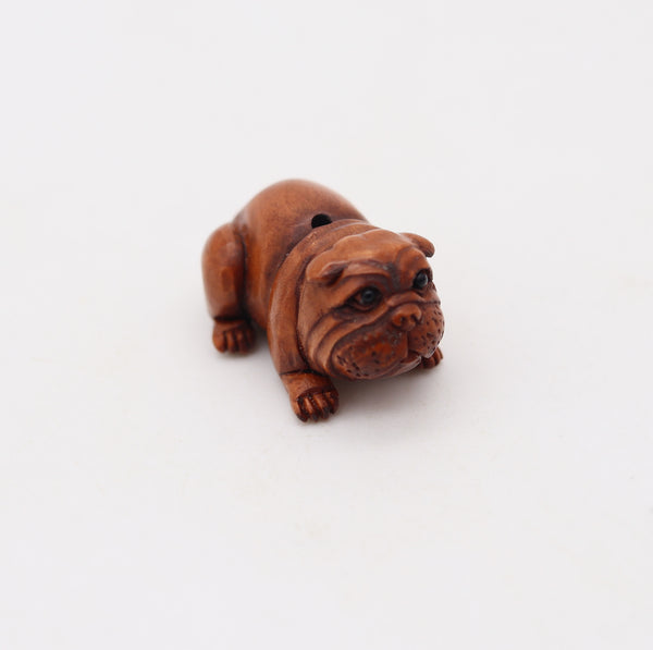 JAPAN 1920 Taisho Period Bulldog Ojime Carved In Precious Wood And Onyx
