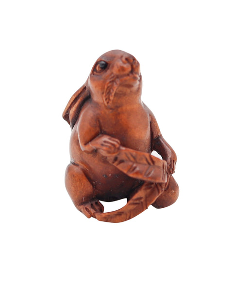 JAPAN 1920 Taisho Period Rabbit Ojime Carved In Precious Wood & Onyx