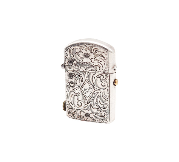 NASSAU 1905 Semi Automatic Pocket Petrol Lighter In Engraved .925 Sterling Silver