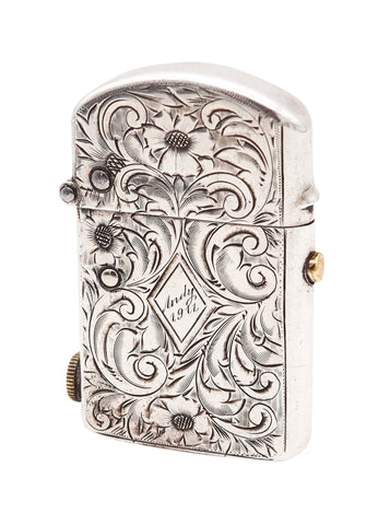 NASSAU 1905 Semi Automatic Pocket Petrol Lighter In Engraved .925 Sterling Silver