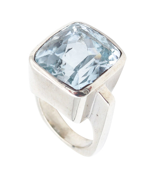 GEOMETRIC Modernist Designer Ring In Sterling With Cushion Cut Blue Aquamarine