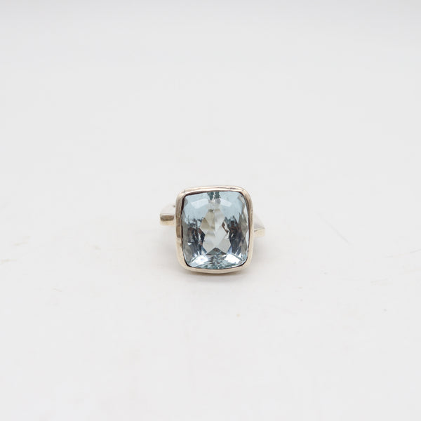 GEOMETRIC Modernist Designer Ring In Sterling With Cushion Cut Blue Aquamarine
