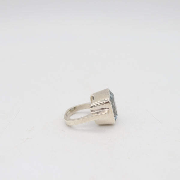 GEOMETRIC Modernist Designer Ring In Sterling With Cushion Cut Blue Aquamarine