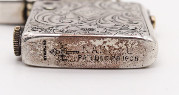 NASSAU 1905 Semi Automatic Pocket Petrol Lighter In Engraved .925 Sterling Silver