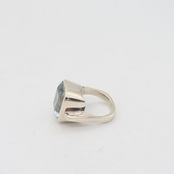 GEOMETRIC Modernist Designer Ring In Sterling With Cushion Cut Blue Aquamarine