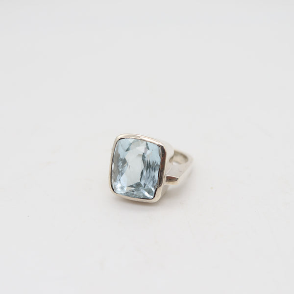 GEOMETRIC Modernist Designer Ring In Sterling With Cushion Cut Blue Aquamarine