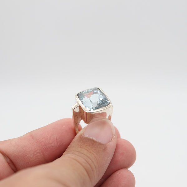 GEOMETRIC Modernist Designer Ring In Sterling With Cushion Cut Blue Aquamarine