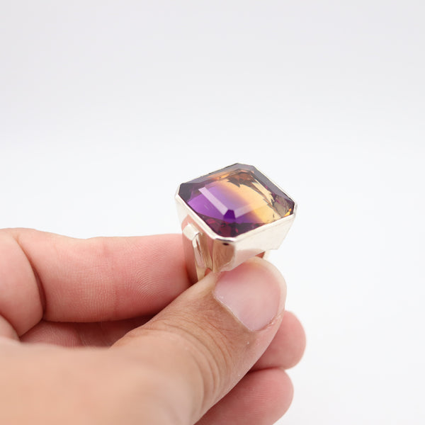 GEOMETRIC Huge Modernist Designer Ring In Sterling With 36.65 Cwt Square step Cut Ametrine
