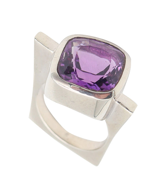 GEOMETRIC Modernist Designer Ring In Sterling With Cushion Cut Vivid Purple Amethyst