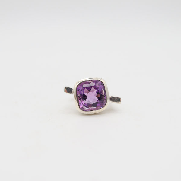 GEOMETRIC Modernist Designer Ring In Sterling With Cushion Cut Vivid Purple Amethyst