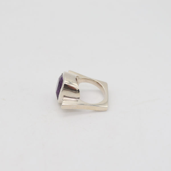 GEOMETRIC Modernist Designer Ring In Sterling With Cushion Cut Vivid Purple Amethyst