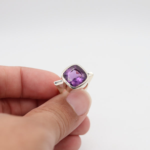 GEOMETRIC Modernist Designer Ring In Sterling With Cushion Cut Vivid Purple Amethyst