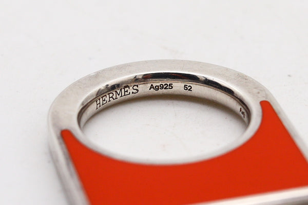 -Hermes Paris 1980 Geometric Ring In Solid .925 Sterling Silver With Orange Enamel