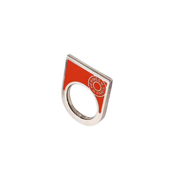 -Hermes Paris 1980 Geometric Ring In Solid .925 Sterling Silver With Orange Enamel