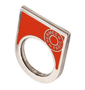 -Hermes Paris 1980 Geometric Ring In Solid .925 Sterling Silver With Orange Enamel
