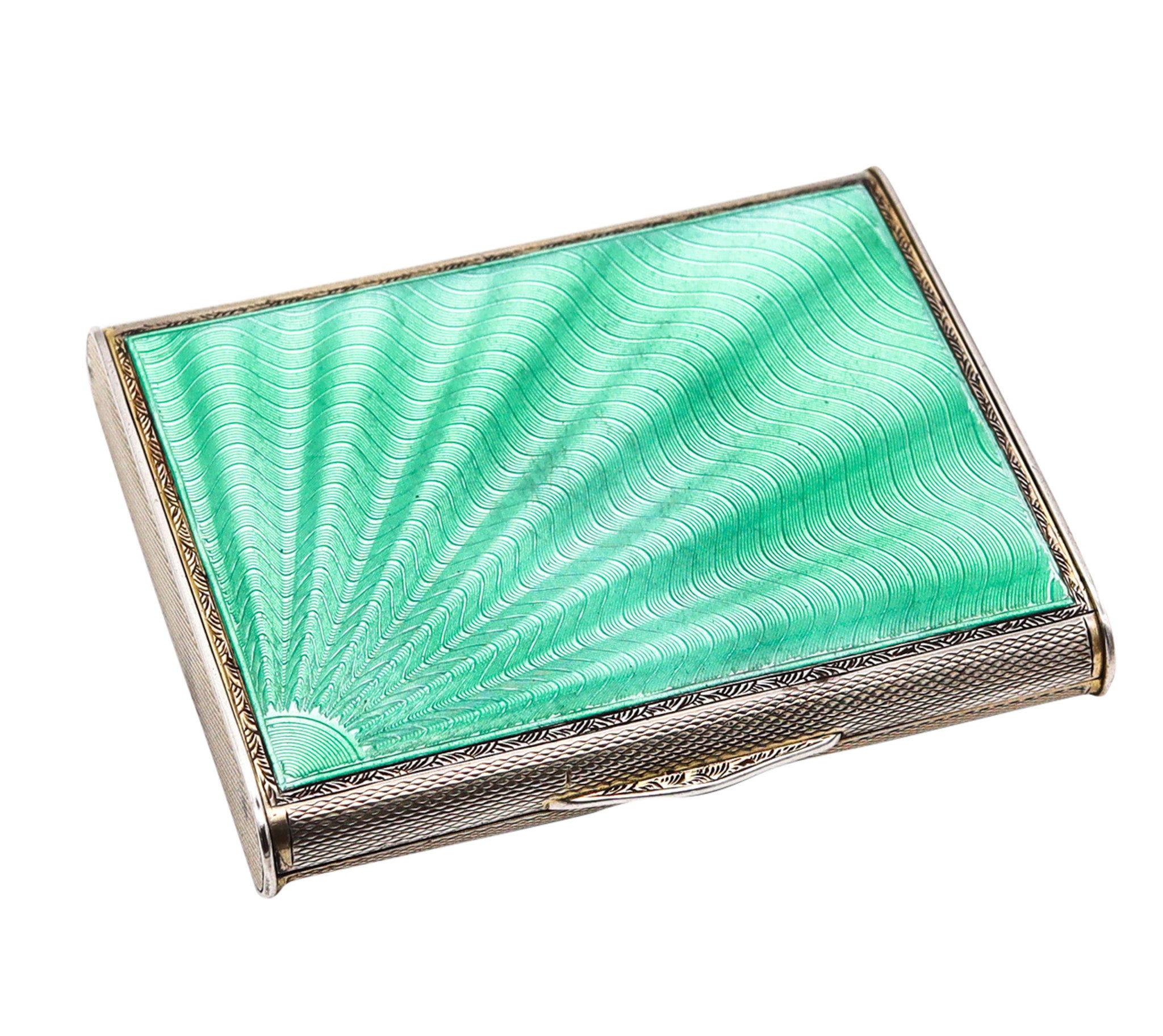 WILLIAM NEAL 1931 Birmingham Guilloche Green Enamel Box In .925 Sterling