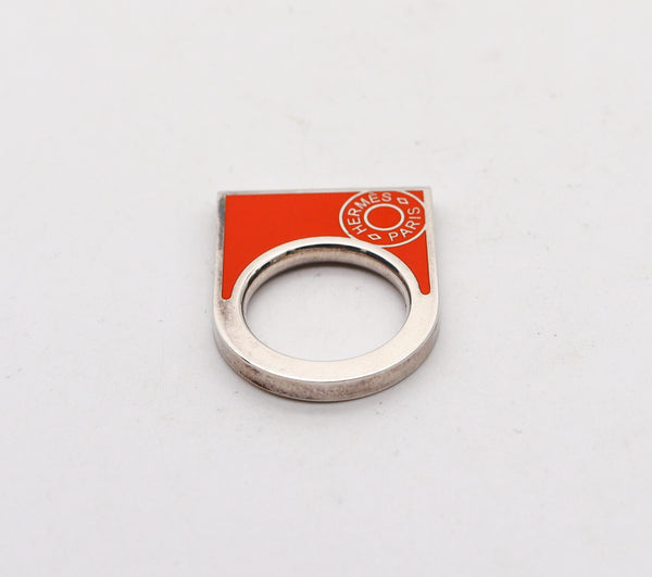 -Hermes Paris 1980 Geometric Ring In Solid .925 Sterling Silver With Orange Enamel