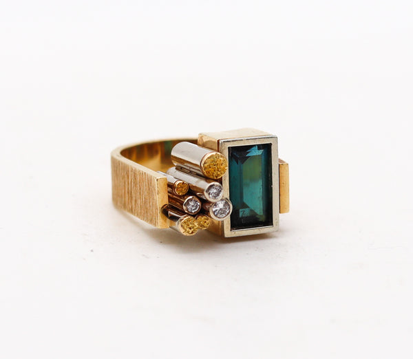 -Karl Stittgen 1970 Canada Geometric Ring In 18Kt Gold With Diamonds And Tourmaline