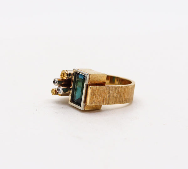 -Karl Stittgen 1970 Canada Geometric Ring In 18Kt Gold With Diamonds And Tourmaline