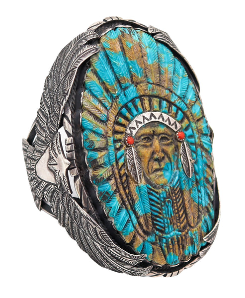 NAVAJO 1960 Native American Indian Chief Cuff In .925 Sterling & Carved Turquoise