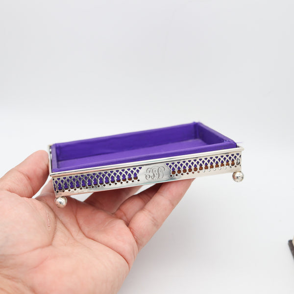 GEORGE HENCKEL 1910 Edwardian Rectangular Desk Tray In Sterling Silver With Silk Lining