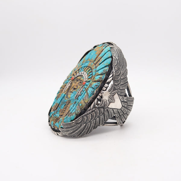 NAVAJO 1960 Native American Indian Chief Cuff In .925 Sterling & Carved Turquoise