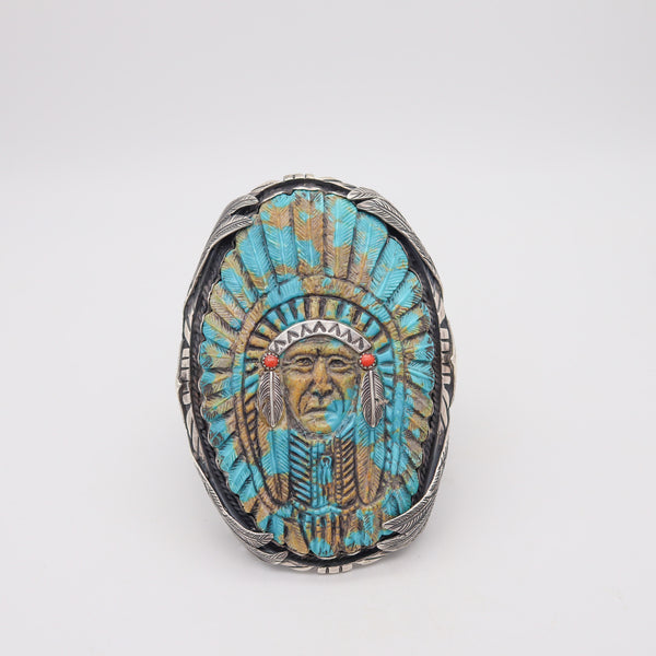 NAVAJO 1960 Native American Indian Chief Cuff In .925 Sterling & Carved Turquoise