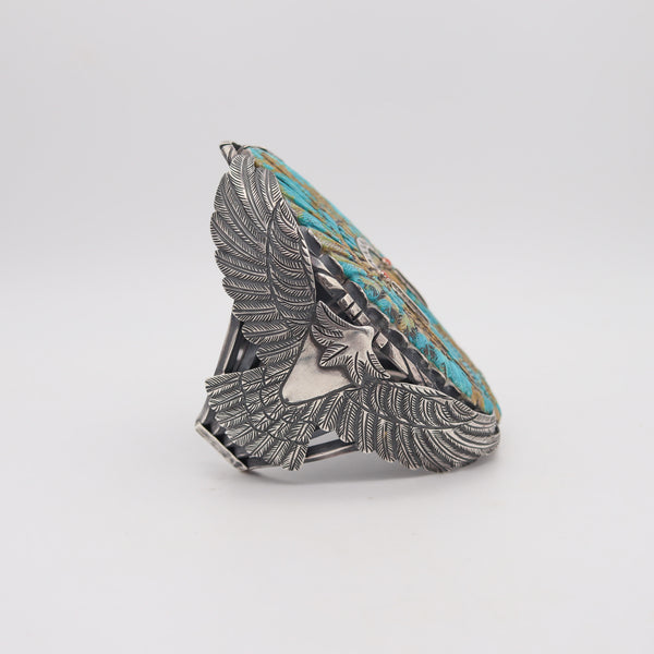 NAVAJO 1960 Native American Indian Chief Cuff In .925 Sterling & Carved Turquoise