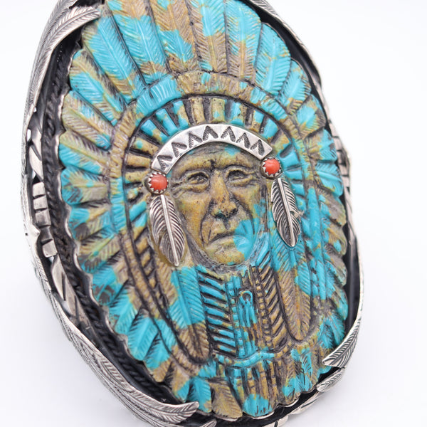 NAVAJO 1960 Native American Indian Chief Cuff In .925 Sterling & Carved Turquoise