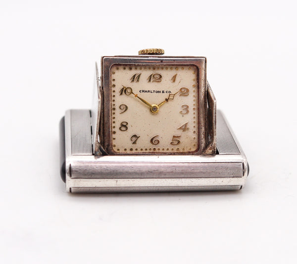 TAVANNES 1929 Art Deco Enamel La Captive Squeeze Travel Clock In .925 Sterling