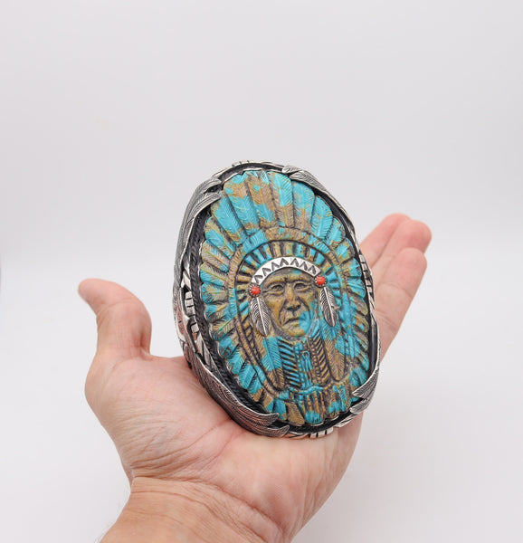 NAVAJO 1960 Native American Indian Chief Cuff In .925 Sterling & Carved Turquoise
