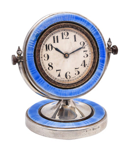 AARON L. DENNISON 1929 Art Deco Guilloche Blue Enamel Desk Clock In Sterling