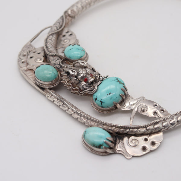 QING DINASTY 1915 China Export Dragon Necklace In .900 Silver With Turquoises