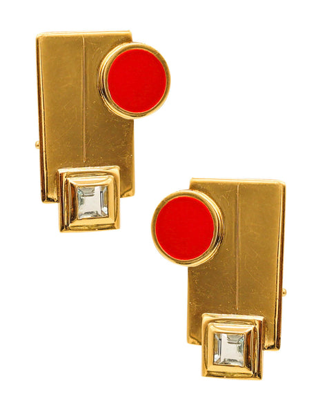 -Manfredi 1990 Geometric Red Earrings In 18Kt Yellow Gold With Two Aquamarines