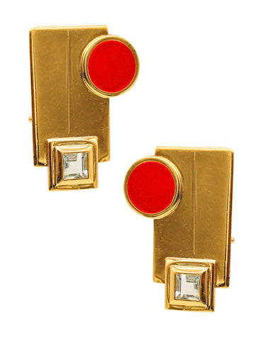 -Manfredi 1990 Geometric Red Earrings In 18Kt Yellow Gold With Two Aquamarines