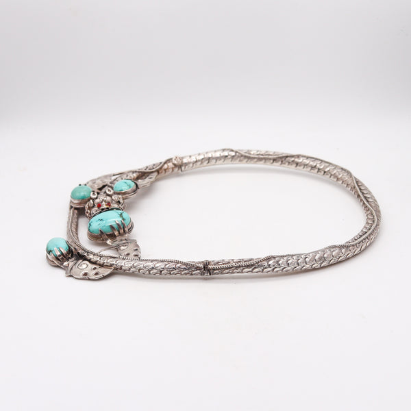 QING DINASTY 1915 China Export Dragon Necklace In .900 Silver With Turquoises