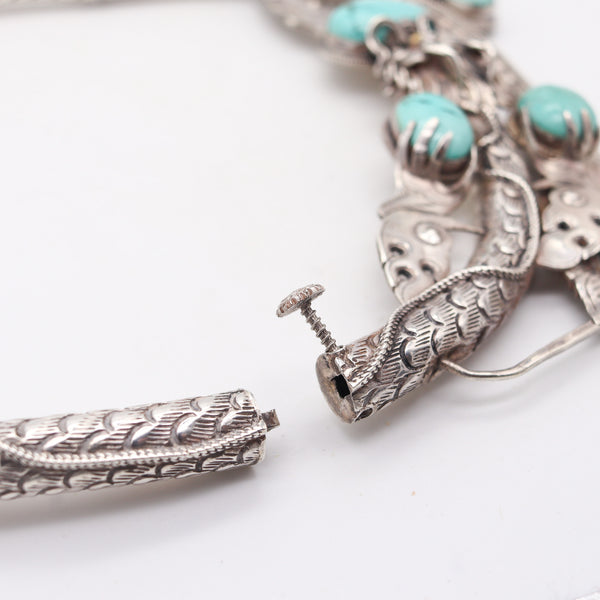 QING DINASTY 1915 China Export Dragon Necklace In .900 Silver With Turquoises