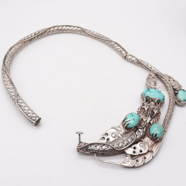 QING DINASTY 1915 China Export Dragon Necklace In .900 Silver With Turquoises