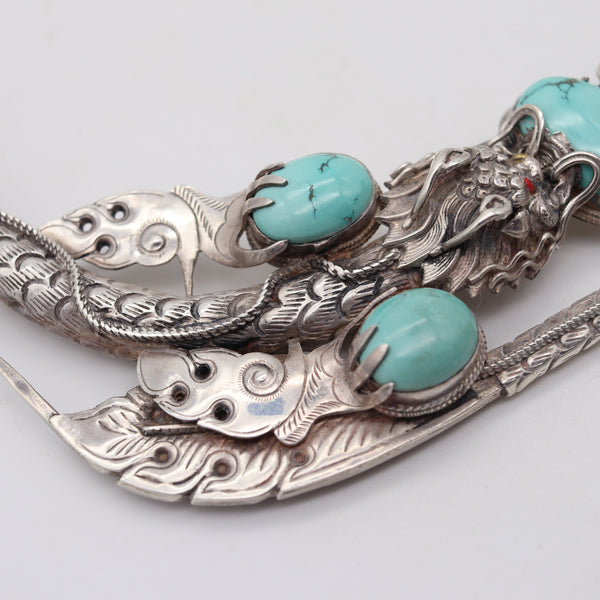 QING DINASTY 1915 China Export Dragon Necklace In .900 Silver With Turquoises