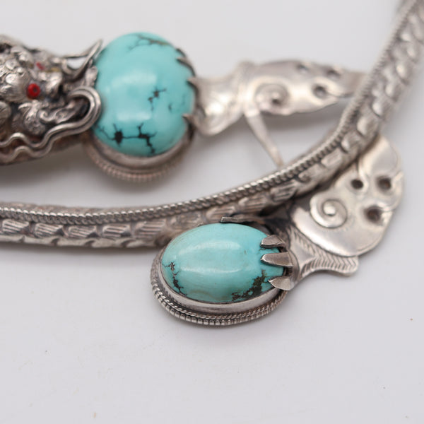QING DINASTY 1915 China Export Dragon Necklace In .900 Silver With Turquoises