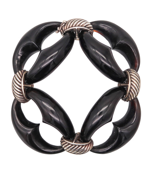 ITALIAN 1970 Modernist Mariner Links In .925 Sterling Silver & Carved Horn