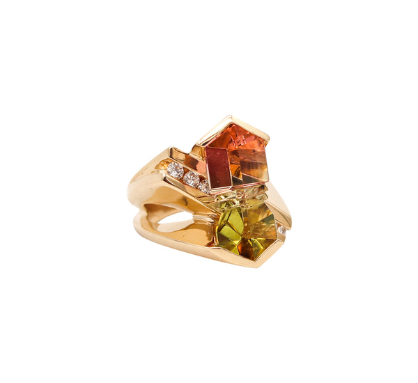 -Munsteiner Geometric Ring In 14Kt Gold With Watermelon Tourmaline And Diamonds