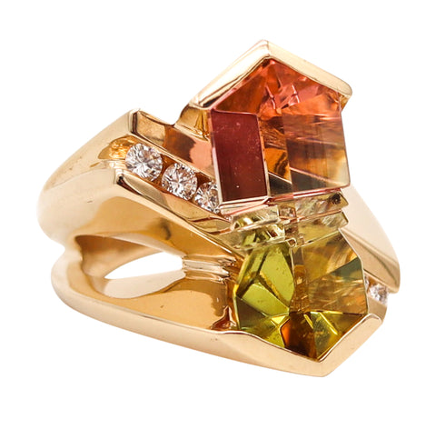 -Munsteiner Geometric Ring In 14Kt Gold With Watermelon Tourmaline And Diamonds
