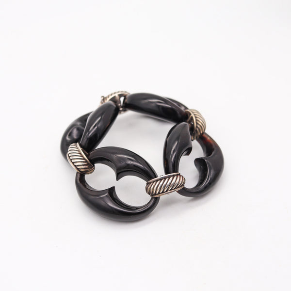 ITALIAN 1970 Modernist Mariner Links In .925 Sterling Silver & Carved Horn