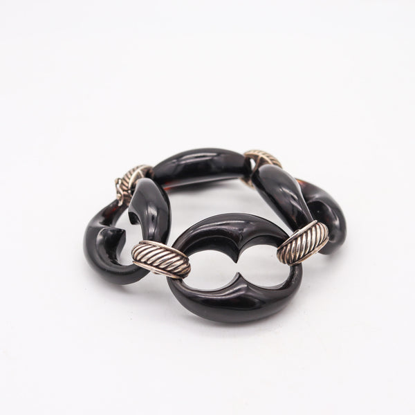 ITALIAN 1970 Modernist Mariner Links In .925 Sterling Silver & Carved Horn