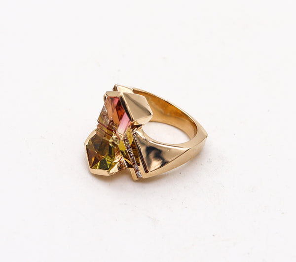 -Munsteiner Geometric Ring In 14Kt Gold With Watermelon Tourmaline And Diamonds