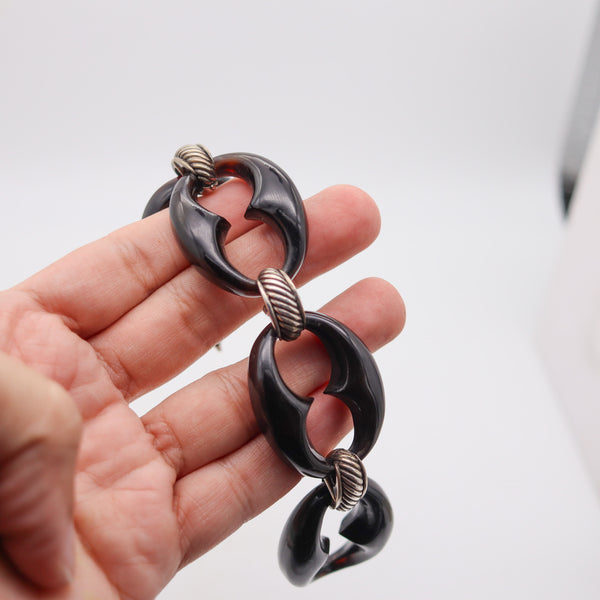 ITALIAN 1970 Modernist Mariner Links In .925 Sterling Silver & Carved Horn