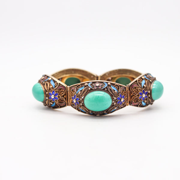 QING DYNASTY 1900 Chinese Export Enameled Bracelet In .900 Silver & Turquoises